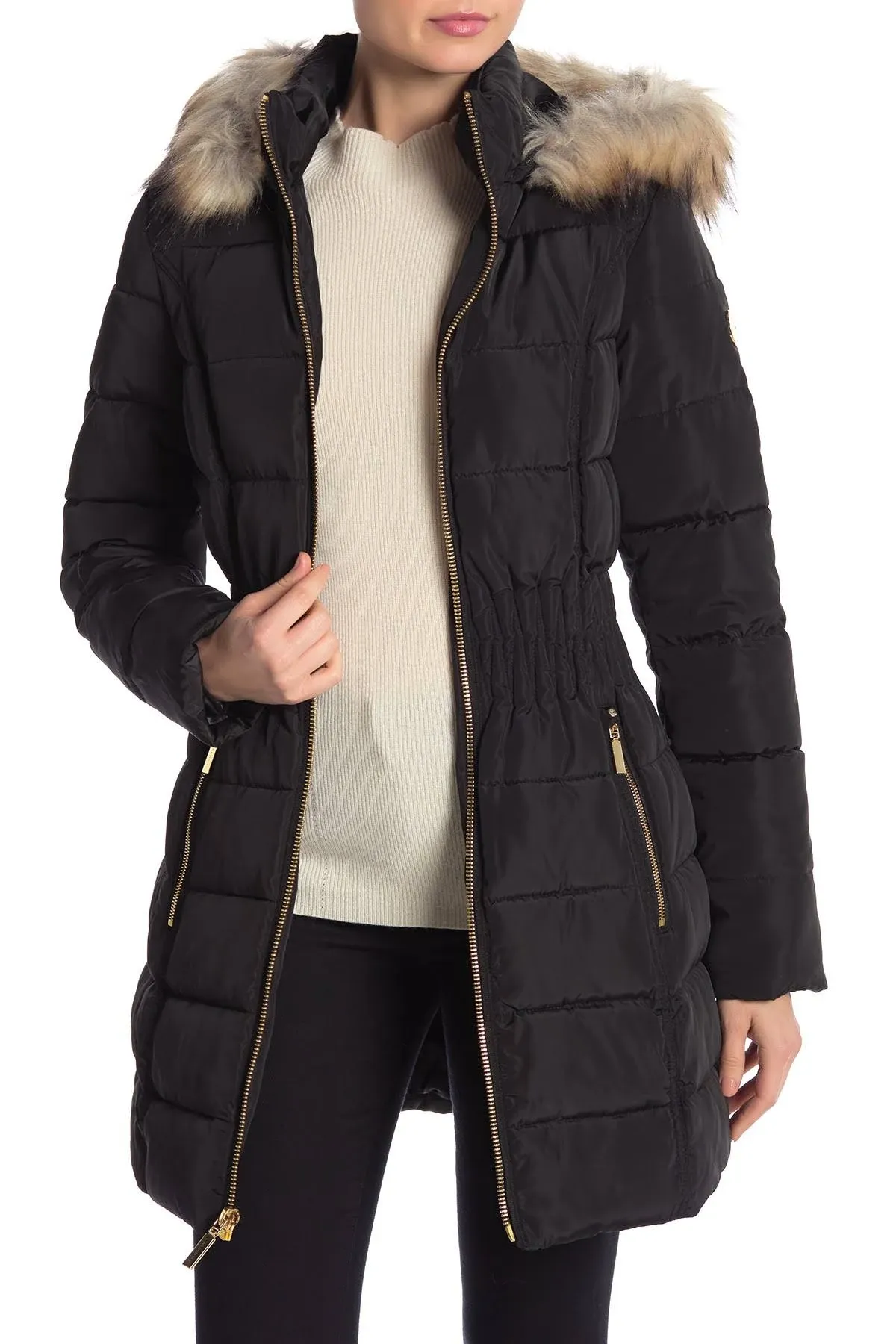 Laundry by Shelli Segal Women's 3/4 Puffer Jacket with Zig Zag Cinched Waist and Faux Fur Trim Hood