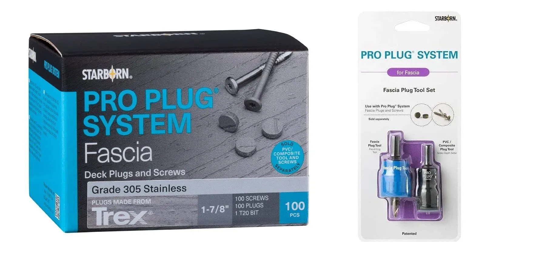 Pro Plug System for Fascia Plug & Screw Kit - Trex Rocky Harbor Fascia Plugs & Stainless Steel Screws-9 x 1-7/8" T-20 Star Dr- 100 Pieces and Fascia