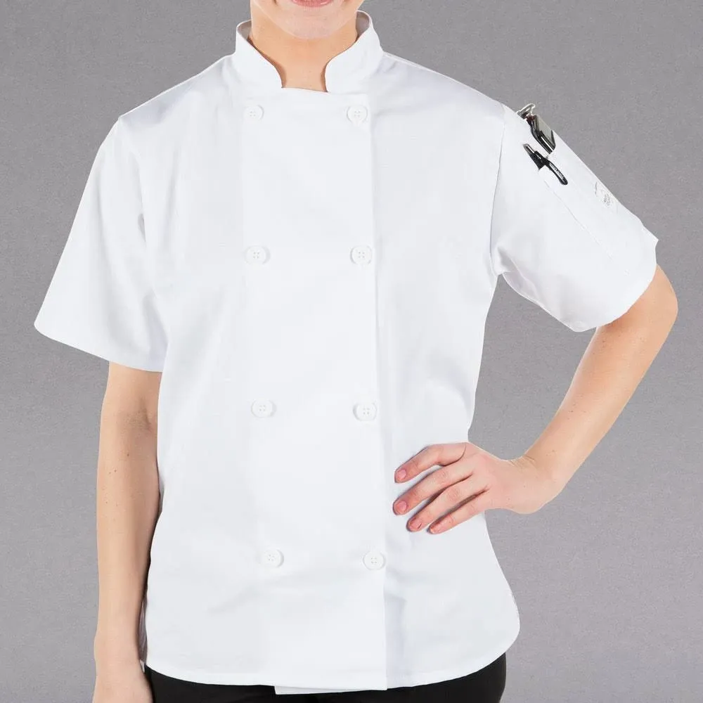 "Mercer Culinary Millennia® Women's White Customizable Short Sleeve Cook Jacket M60023WH - XS"