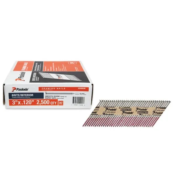 Paslode, Framing Nails, 650836, 30 Degree RounDrive Brite, 3 inch x .120 Gauge, Smooth, 2,500 per Box