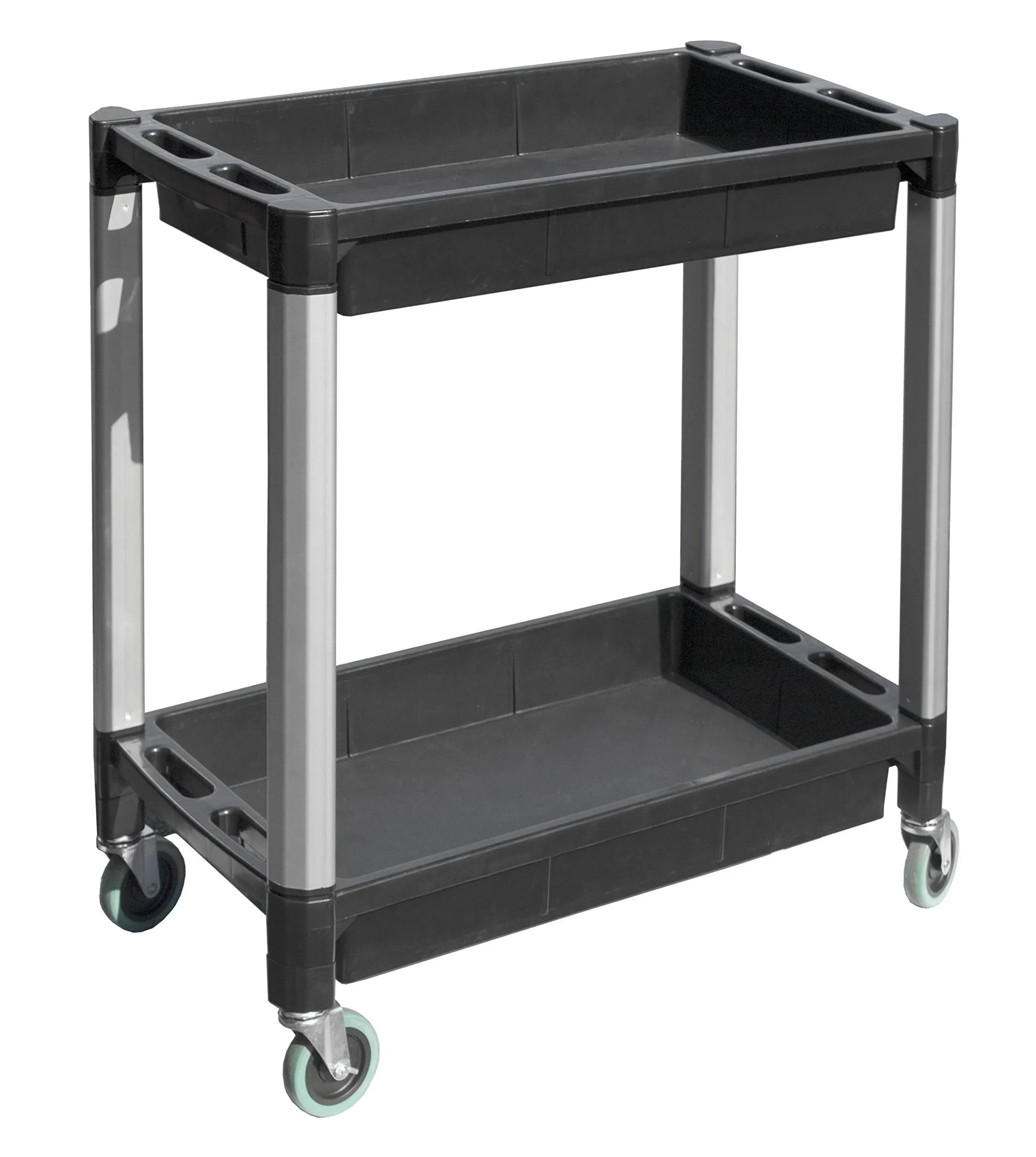 MaxWorks 80384 Black and Gray Two-Tray Service/Utility Cart With Aluminum Legs And 4" Diameter Swivel Castors