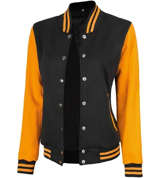 FJackets Women's Black and Yellow Letterman Baseball-Style Jacket