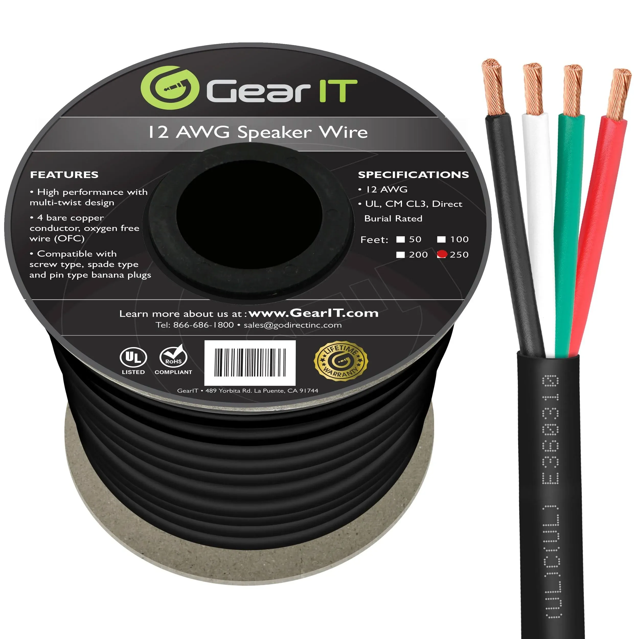 GearIT 12/4 Speaker Wire (250 Feet) 12AWG Gauge, Black 4-Conductors/Outdoor ...