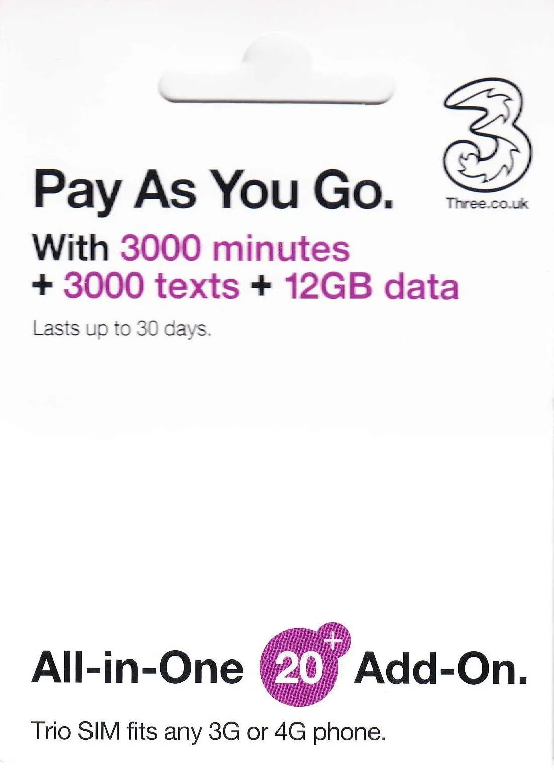 PrePaid Europe (UK THREE) sim card 12GB data+3000 minutes+3000 texts for 30 days with FREE ROAMING / USE in 71 destinations including all European countries