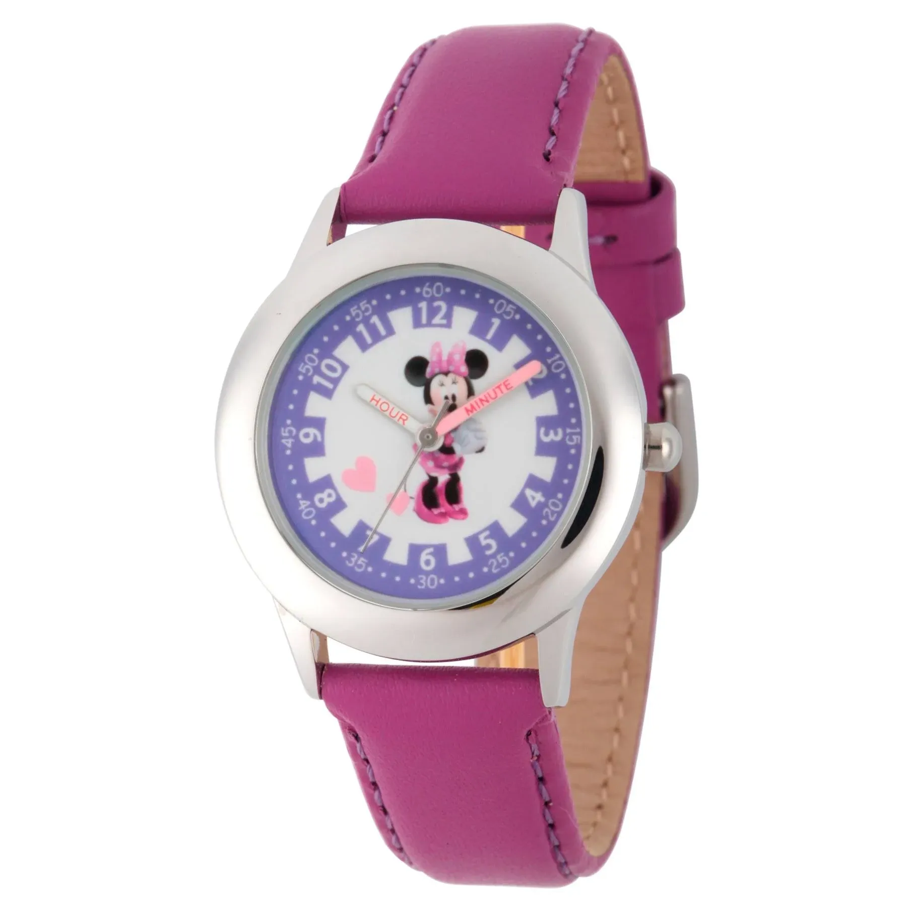 Disney Kids Minnie Mouse Purple Leather Band Time Teacher Watch