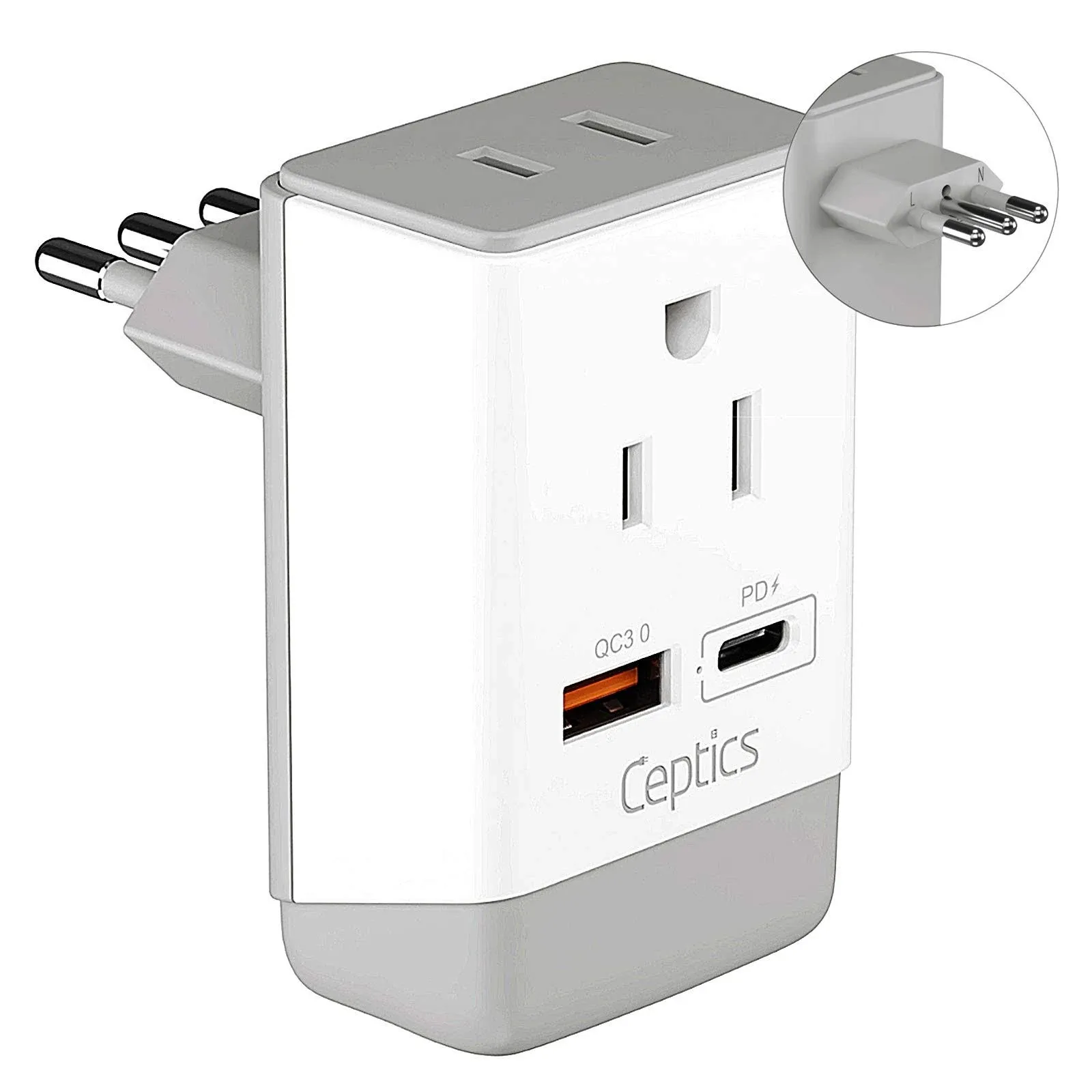 Ceptics US to Italy, Libya,S yria, Tunisia, Chile Travel Adapter-Type L AP-12