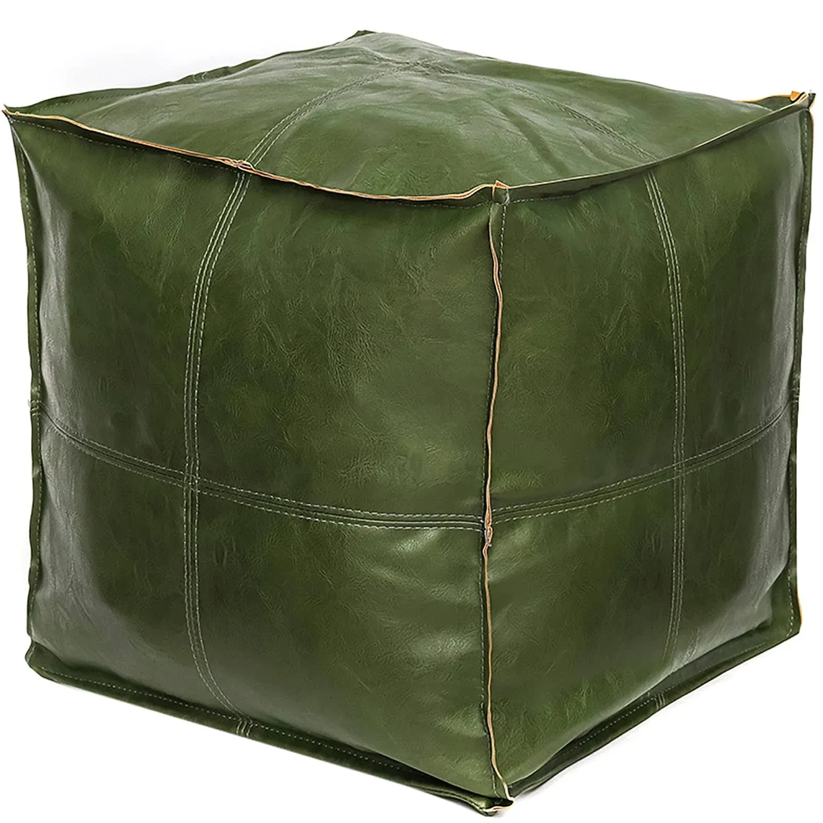 Unstuffed Pouf Ottoman Cover, Suqare Faux Green Leather Footstool, Bean Bag Chai