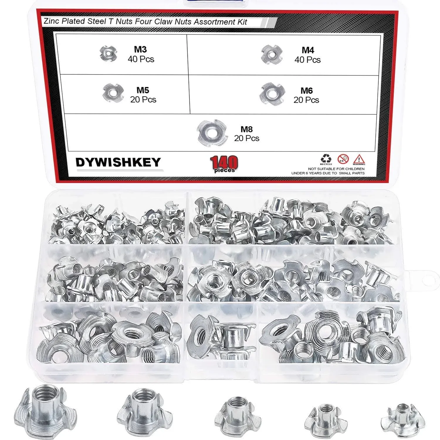 DYWISHKEY 140 Pieces M3 M4 M5 M6 M8 Carbon Steel T-Nuts Four Claws Nut Assortment ...