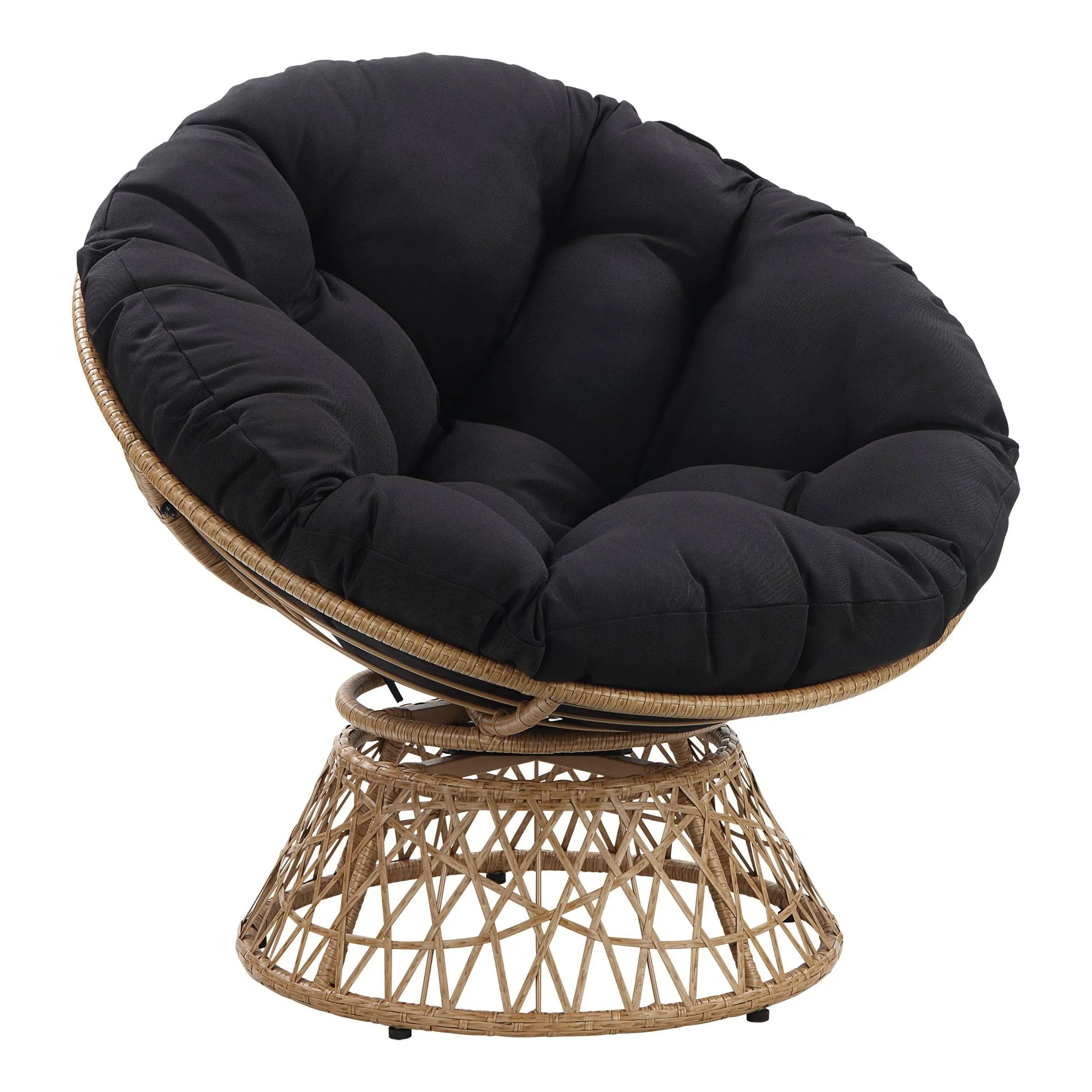 OSP Home Furnishings Papasan Chair- Black Round Pillow Cushion- Natural Wicker Weave KMP2528-BK