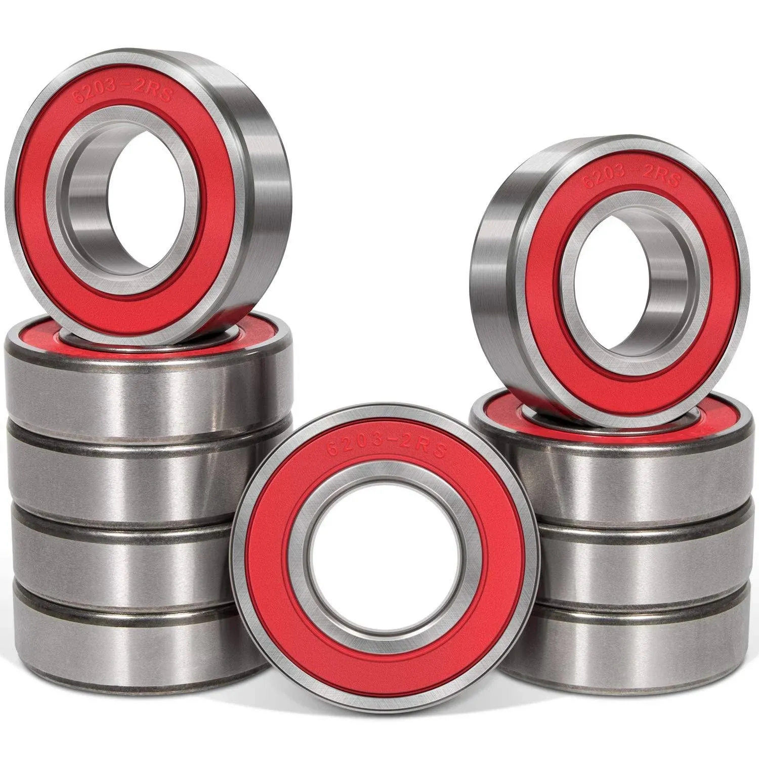 Camoo 10 Pcs 6203-2RS Ball Bearings (17x40x12mm) Double Rubber Red Seal Bearing, Deep Groove for Garden Machinery,Electric Toys and Tool, etc.