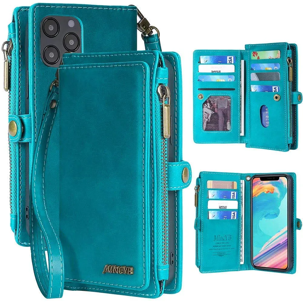 MInCYB for iPhone 12 Pro Max Wallet Case with Card Holder (12 Card Slots) - PU Leather Case for Women & Men, Wireless Charging, Detachable Magnetic, Crossbody Strap, Shockproof Protective Phone Cover.