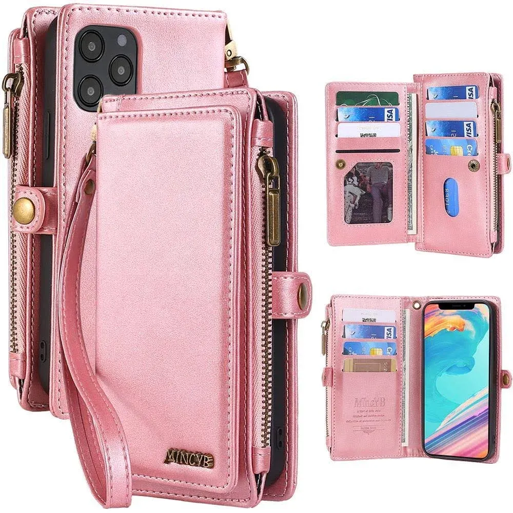 MInCYB for iPhone 12 Pro Max Wallet Case with Card Holder (12 Card Slots) - PU Leather Case for Women & Men, Wireless Charging, Detachable Magnetic, Crossbody Strap, Shockproof Protective Phone Cover.