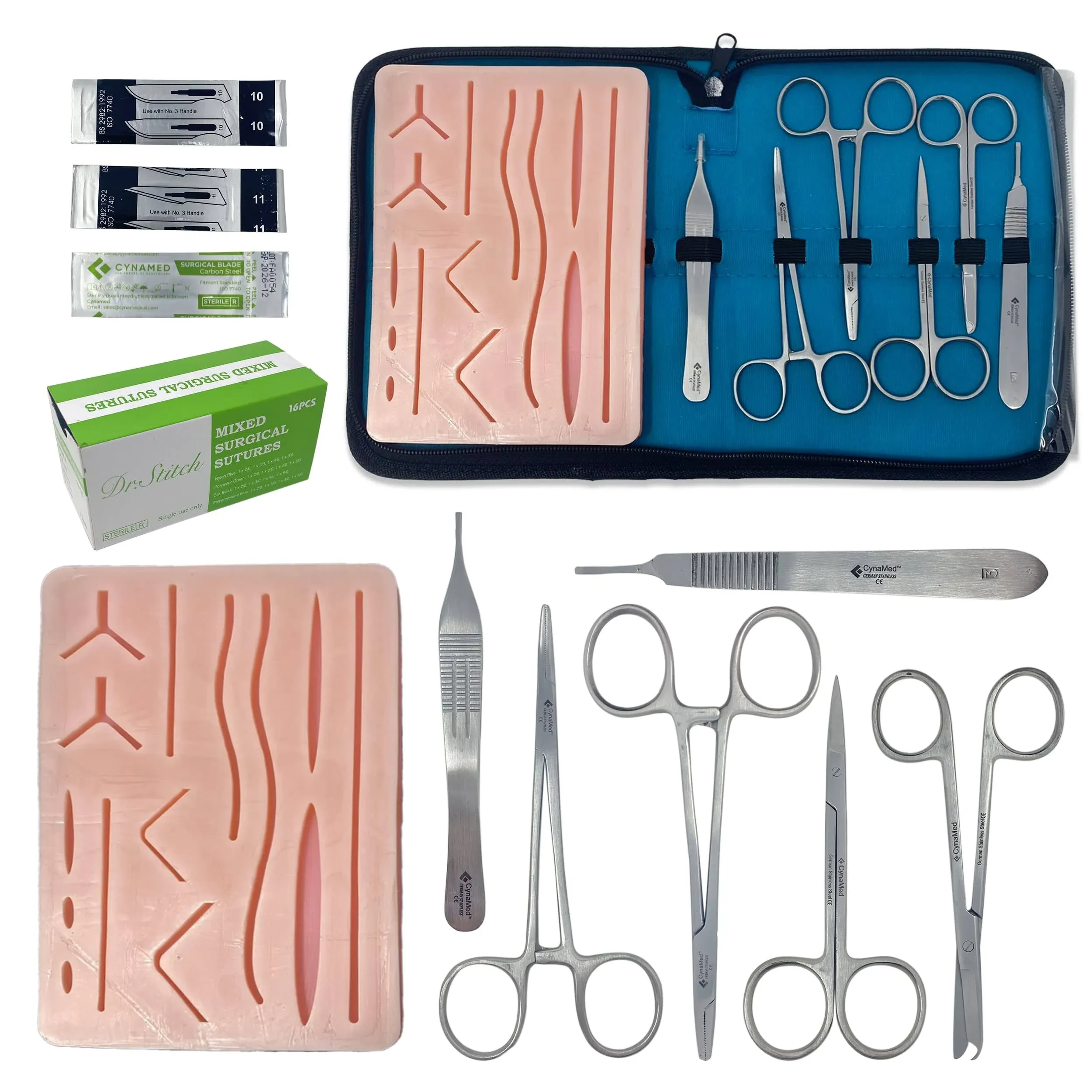 Suture Practice Kit Include 3 Layers Suture Pad with Protective Mesh and Complete Suture Tools Kit with PU Case for Medical Student Suture Training