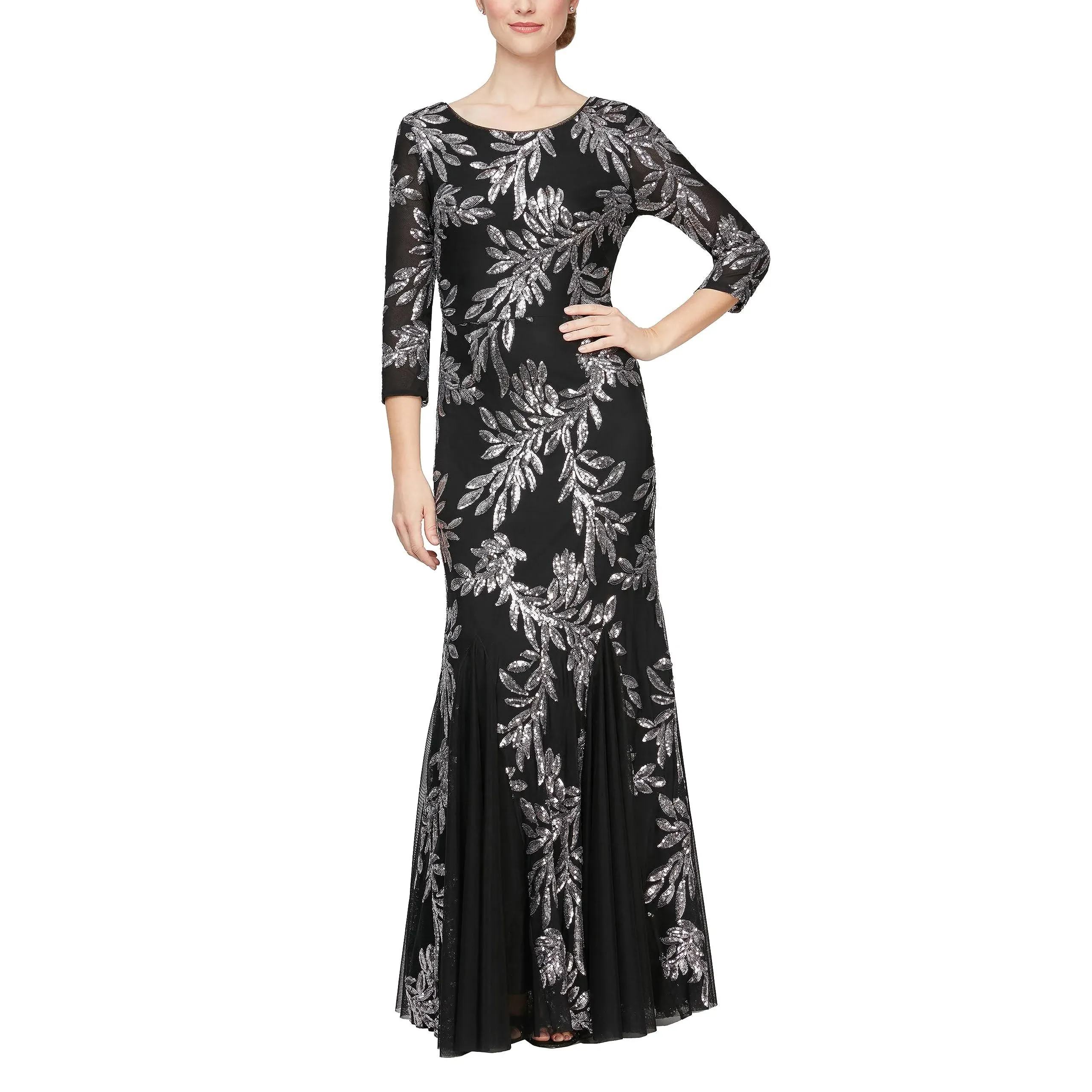 Alex Evenings Sequined 3/4-Sleeve Gown - Black/Pewter - Size 14