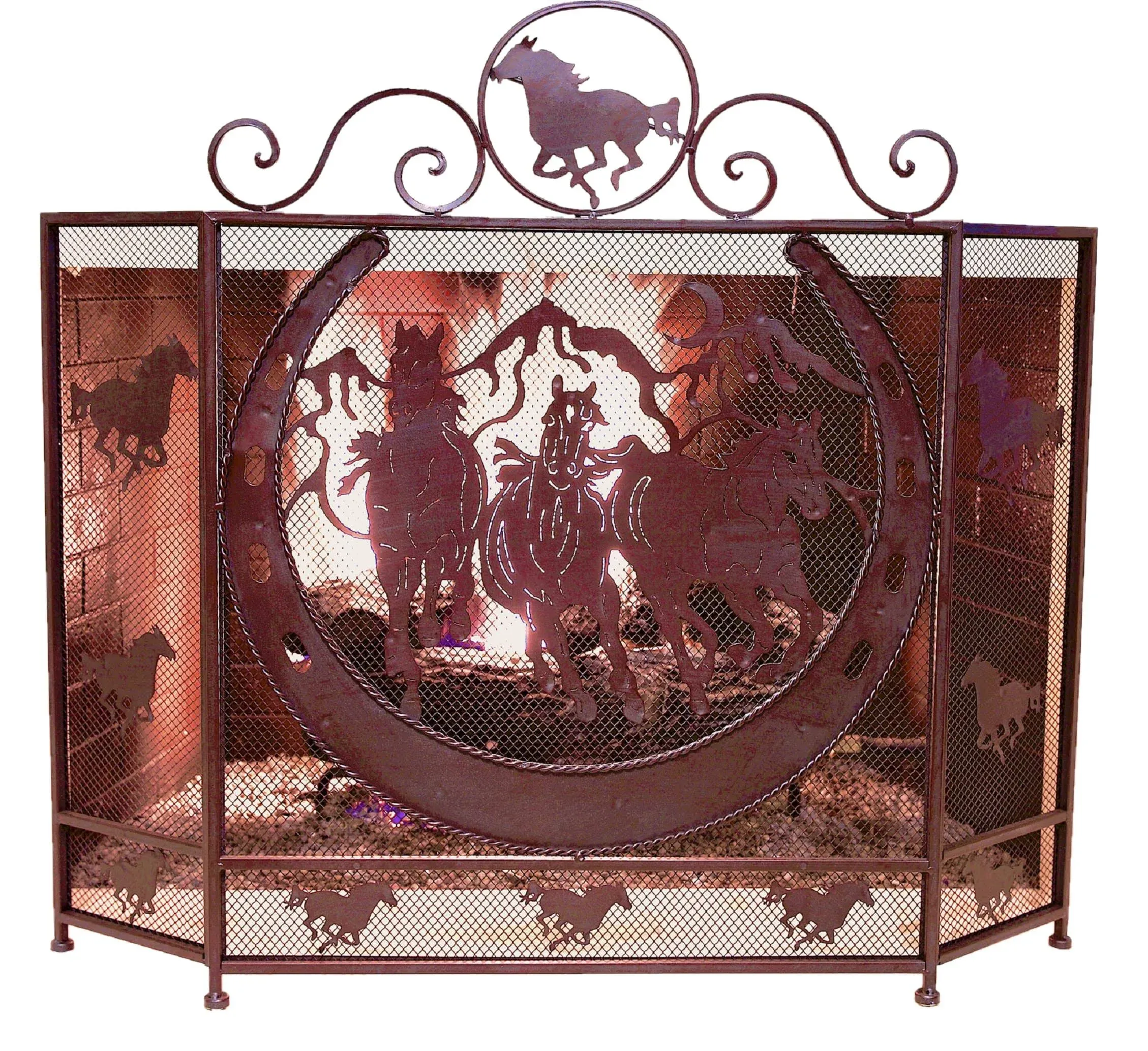 Rustic Metal Foldable Fireplace Screen with Horseshoe and Running Horses