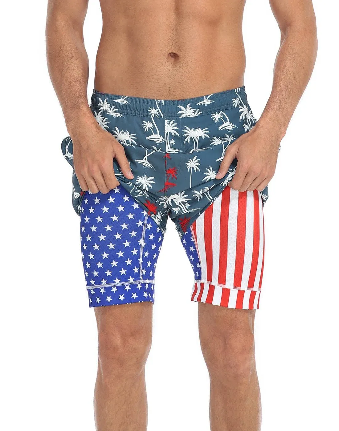 LRD Mens 5" Inseam Swim Trunks with Compression Liner Palms / Stars and Stripes ...