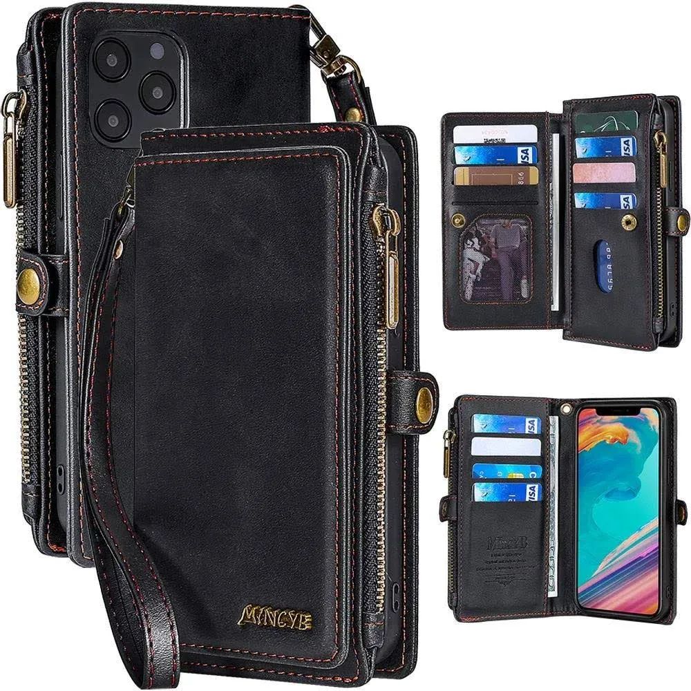 MInCYB for iPhone 12 Pro Max Wallet Case with Card Holder (12 Card Slots) - PU Leather Case for Women & Men, Wireless Charging, Detachable Magnetic, Crossbody Strap, Shockproof Protective Phone Cover.