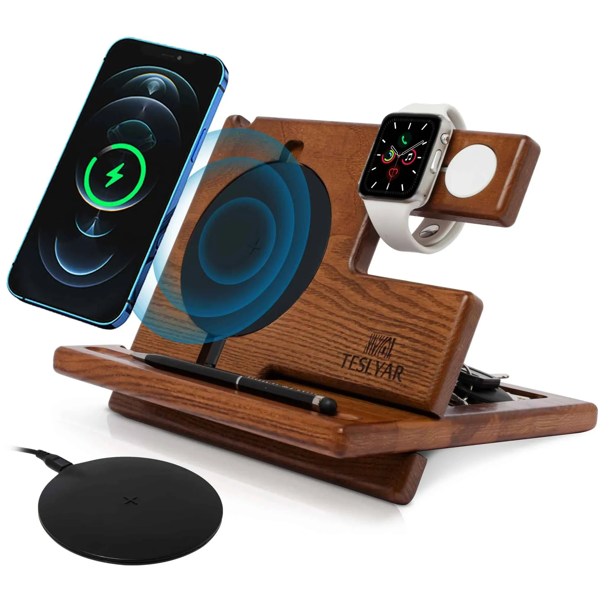 TESLYAR Wood Phone Docking Station Ash Key Holder Wallet Stand Watch Organizer Men Christmas Gift Husband Wireless Charging Pad Slim Birthday Nightstand Purse Tablet Watch Compatible with Qi Devices