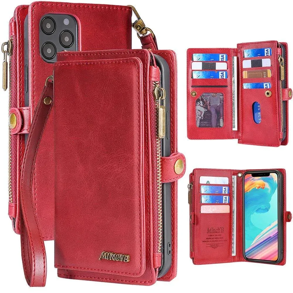 MInCYB for iPhone 12 Pro Max Wallet Case with Card Holder (12 Card Slots) - PU Leather Case for Women & Men, Wireless Charging, Detachable Magnetic, Crossbody Strap, Shockproof Protective Phone Cover.