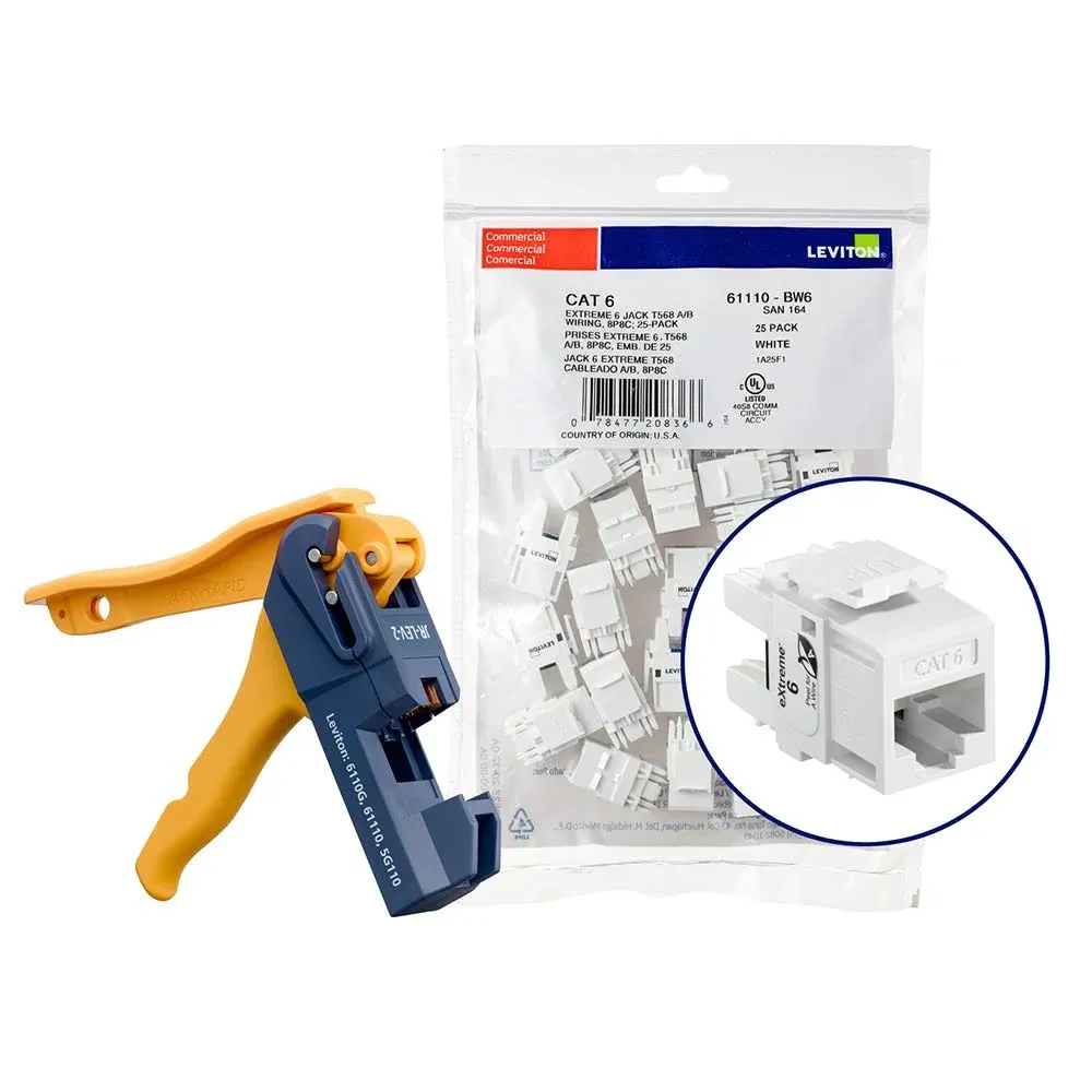 Leviton 150 Extreme CAT6 QuickPort Connectors White Kitted With Jack Rapid Tool (61110-JW6)