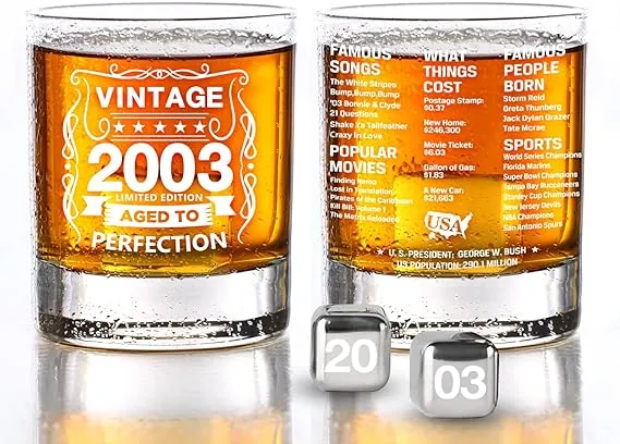 Old Fashioned Glasses-2002-Vintage 2002 Old Time Information 10.25oz Whiskey Rocks Glass -21st Birthday Aged to Perfection - 21 Years Old Gifts Bourbon Scotch Lowball Old Fashioned-1PCS