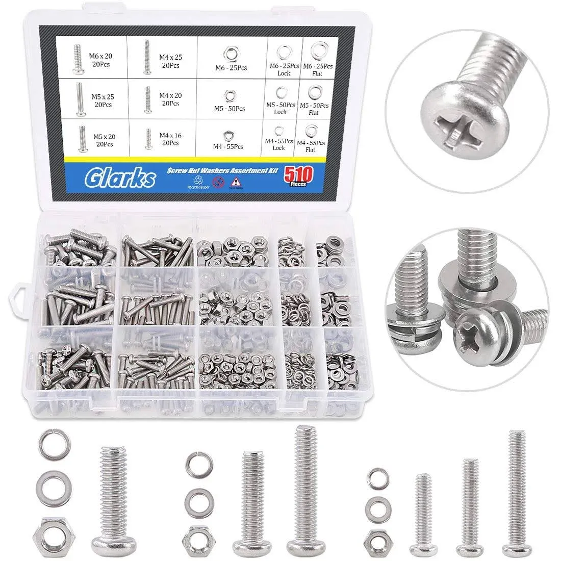 510 Pieces Pan Head Stainless Steel Screws Nuts Lock and Flat Gasket Washers ...