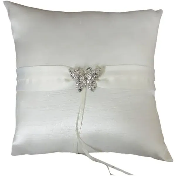 Paper Frenzy Pearly White Wedding Ring Bearer Pillow with Rhinestone Butterfly