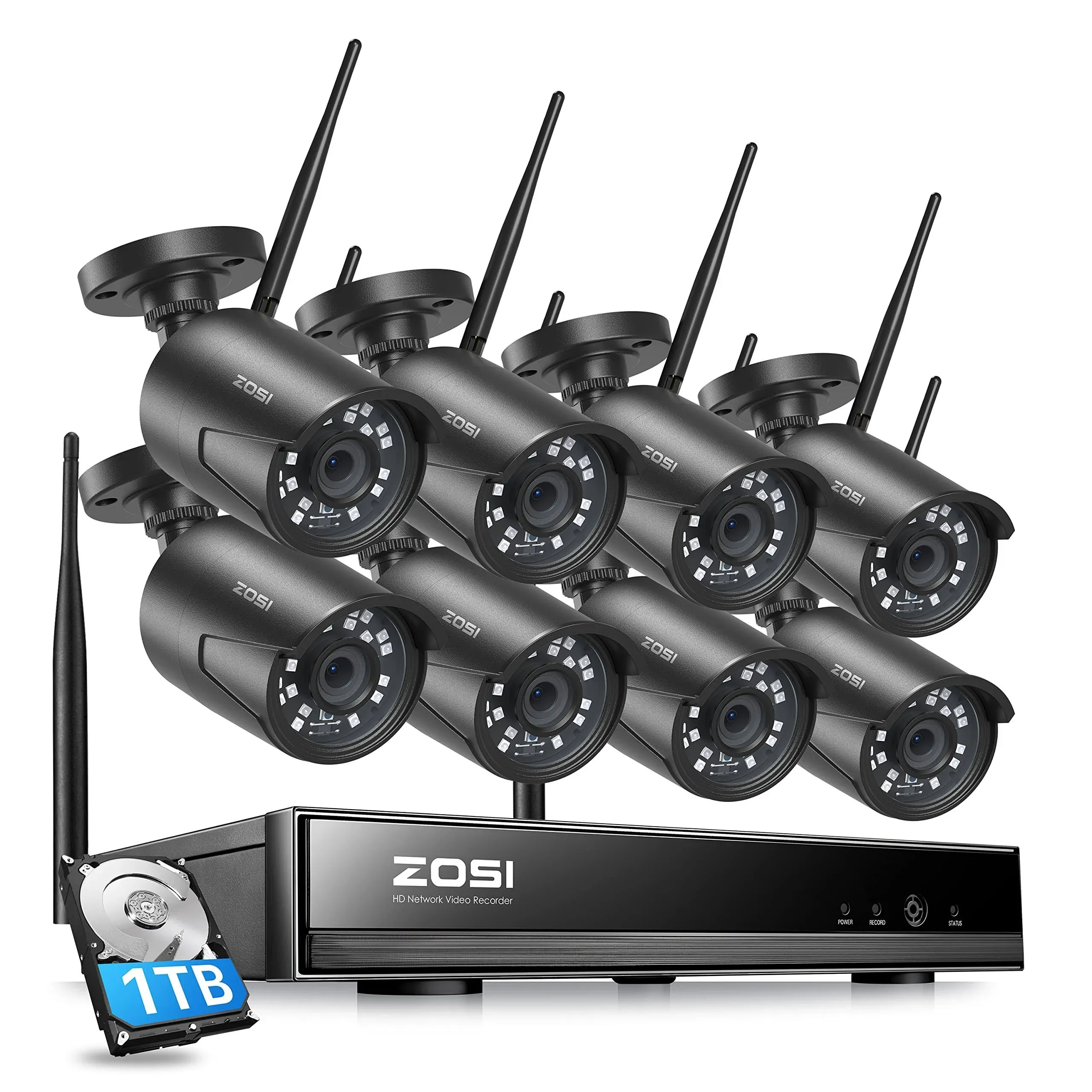 ZOSI Wireless Home Security Camera System, 2K H.265+ 8CH NVR, 8 x 1080P Auto Match WiFi IP Camera Outdoor, Plug-in, Night Vision, 24/7 Record, 1TB HDD