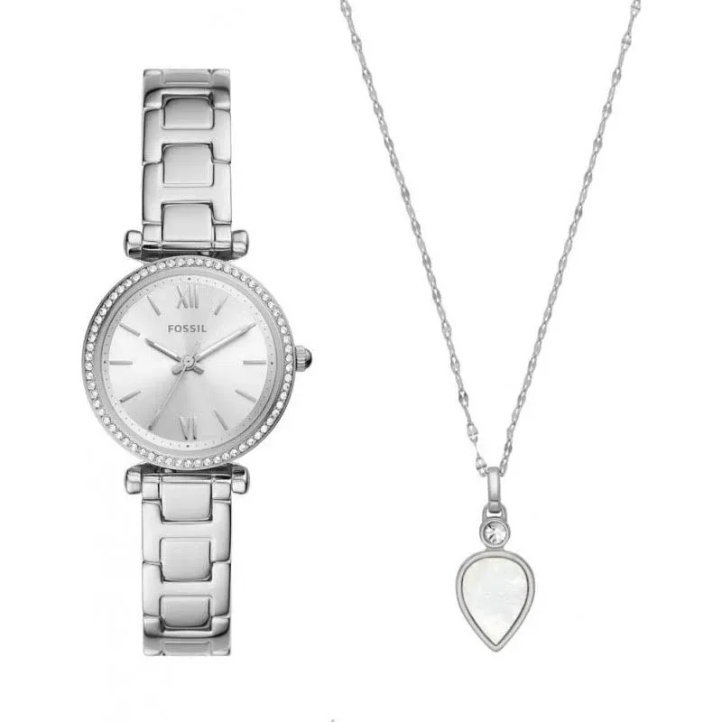 Fossil Women's Carlie Three-Hand Stainless Steel Bracelet Watch and Necklace Set - Silver