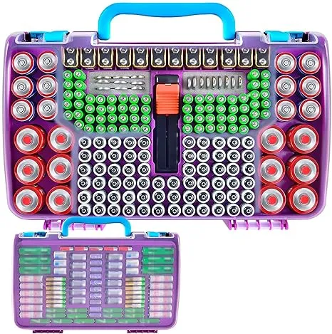 Battery Storage Organizer Case Holder Box with Tester, Double-Sided Batteries Fits for 269 Caddy Container AA AAA AAAA 3A 4A 9V C D Lithium 23A 4LR44 CR123A CR1632 CR2032 - Purple