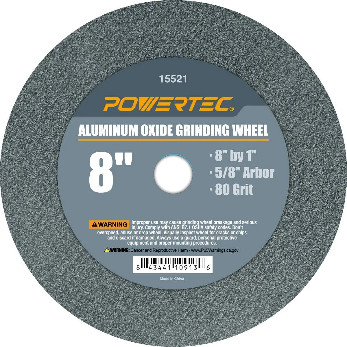 POWERTEC 15521 Aluminum Oxide Grinding Wheel 80 Grit, 8&#034; x 1&#034; with 5/8&#034; Arbor